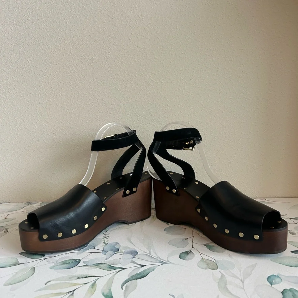 Madewell Black Leather Platform Clogs with Gold Studs